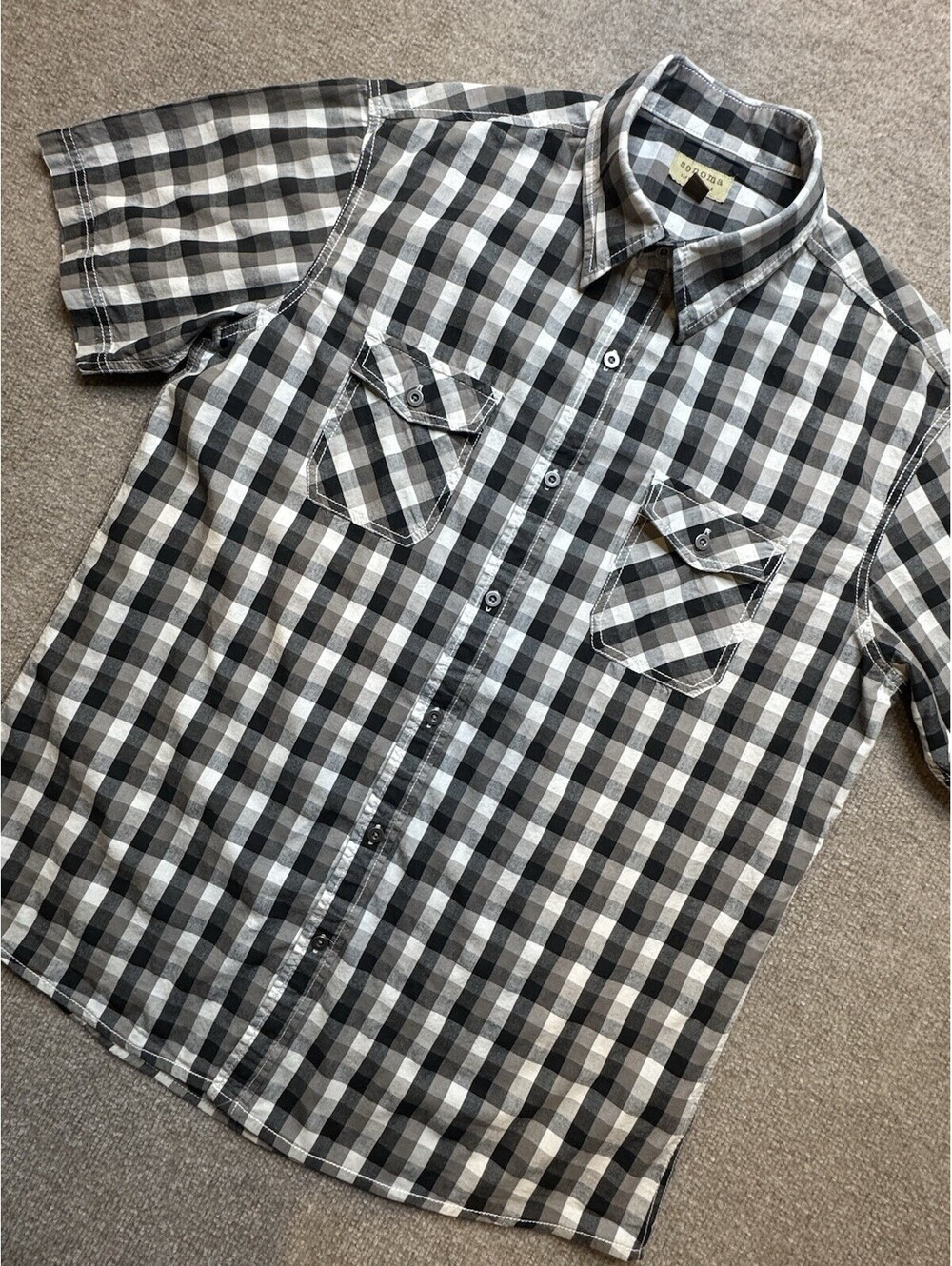 Sonoma Men's L Button Up SS Gray Checks (1095)